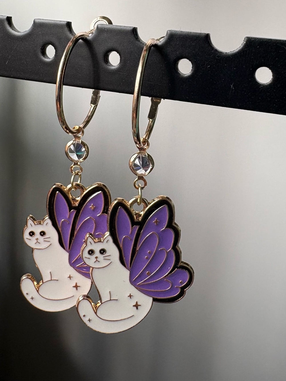 Purple Winged Cat Hoop Earrings